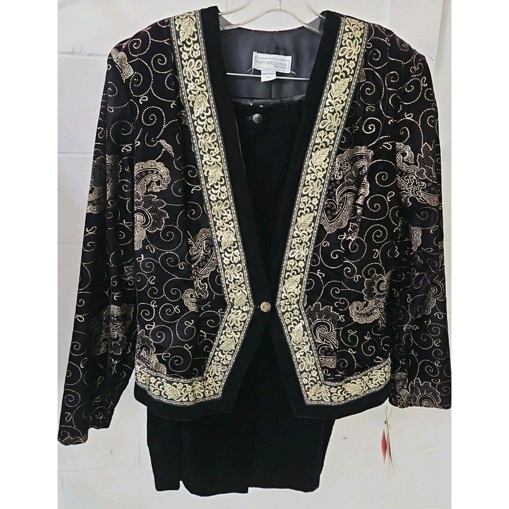 VTG Scott McClintock Velvet Jacket Skirt Set Black Gold Evening New Old Stock